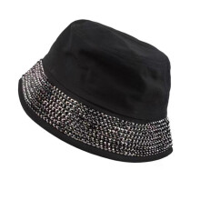 (Black) Portable Bucket Hat Rhinestones Brimmed Club Hat Fashion Fisherman Hat Gifts for Camping Climbing Lovers Outdoor  White AB