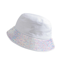 (White AB) Portable Bucket Hat Rhinestones Brimmed Club Hat Fashion Fisherman Hat Gifts for Camping Climbing Lovers Outdoor  White AB