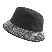 (Black grey) Portable Bucket Hat Rhinestones Brimmed Club Hat Fashion Fisherman Hat Gifts for Camping Climbing Lovers Outdoor  White AB