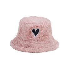 (Pink) Winter Keep Warm Plush Bucket Hat Ladies Windproof Commute Camping Fisherman Cap with Heart Patchwork Hat for Girlfriend  White