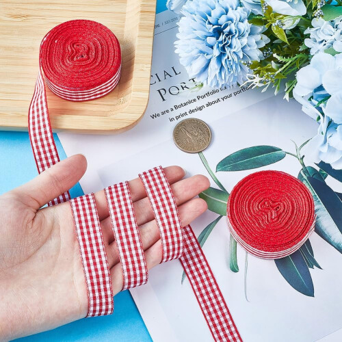 Rood-wit geruit lint, 20 m x 16 mm, polyester 2