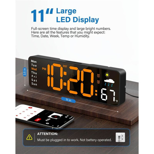 Digital Wall Clock, Digital Clock Large Display, Corded LED Alarm Clocks with Date,Week,Temp,Humidity,Auto DST,Countdown 1