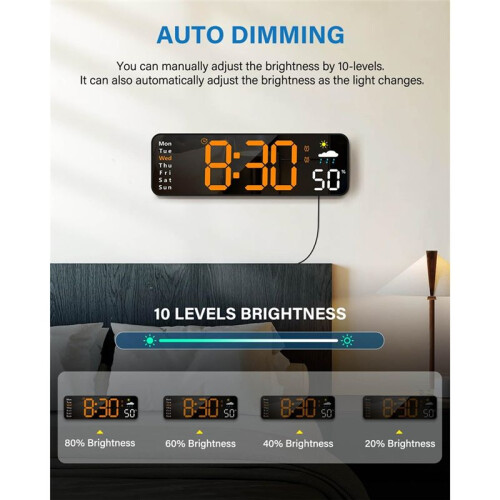 Digital Wall Clock, Digital Clock Large Display, Corded LED Alarm Clocks with Date,Week,Temp,Humidity,Auto DST,Countdown 2