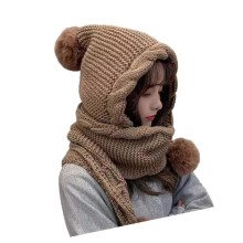 (Khaki) Warm Winter Hat With Scarf And PomPoms Windproof EarFlaps Hat For Adult Teens Outdoor Activity Hiking Camping Headwear  Black