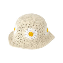 (Beige) Summer Sunproof Crochet Bucket Hat Ladies Spring Commute Camping Fisherman Cap with Flower Pattern for Girlfriend  orange