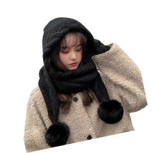 (Black) Warm Winter Hat With Scarf And PomPoms Windproof EarFlaps Hat For Adult Teens Outdoor Activity Hiking Camping Headwear  Black