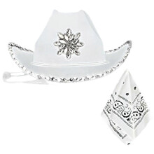 2pcs Adult Cashew Flower Kerchiefs+Cowboy Hats Set Carnivals Sunproof Woman Cowboy Hats with Rolled Up Brims for Camping  White