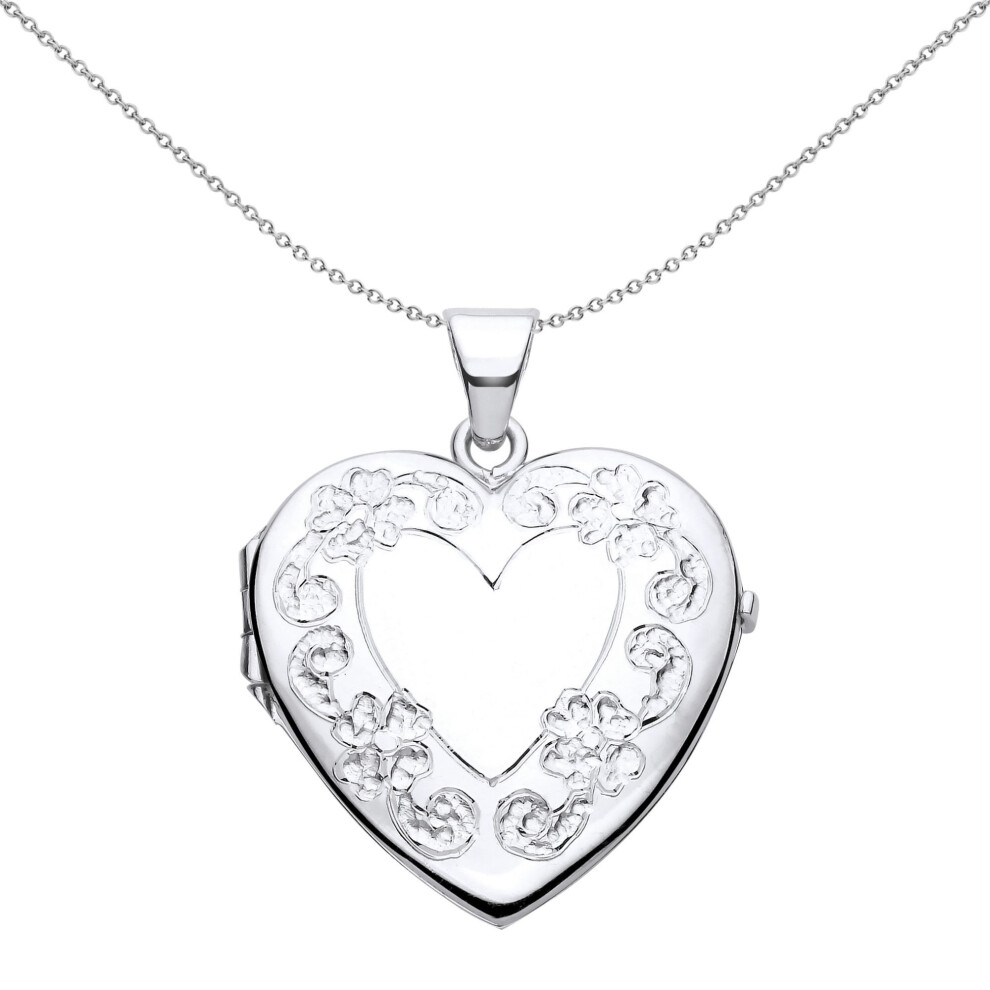 Jewelco London Ladies Rhodium Plated Sterling Flower Leaves Engraved Love Heart Locket Pendant Necklace - Lk62 Silver