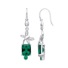 Jewelco London Ladies Rhodium Plated Sterling Silver Green Emerald CZ Butterfly Solitaire Knot Drop Earrings - GVE985