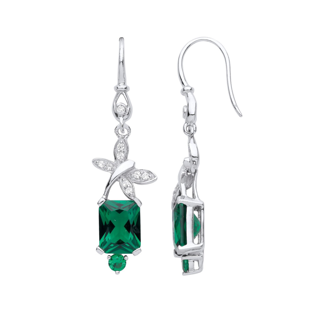 Jewelco London Ladies Rhodium Plated Sterling Silver Green Emerald Cz Butterfly Solitaire Knot Drop Earrings - Gve985