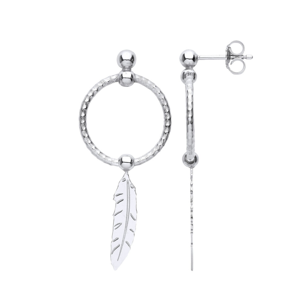 Jewelco London Ladies Platinum Plated Sterling Silver Feather Leaf Swing Bead Barked Hoop Drop Earrings - Eag1101
