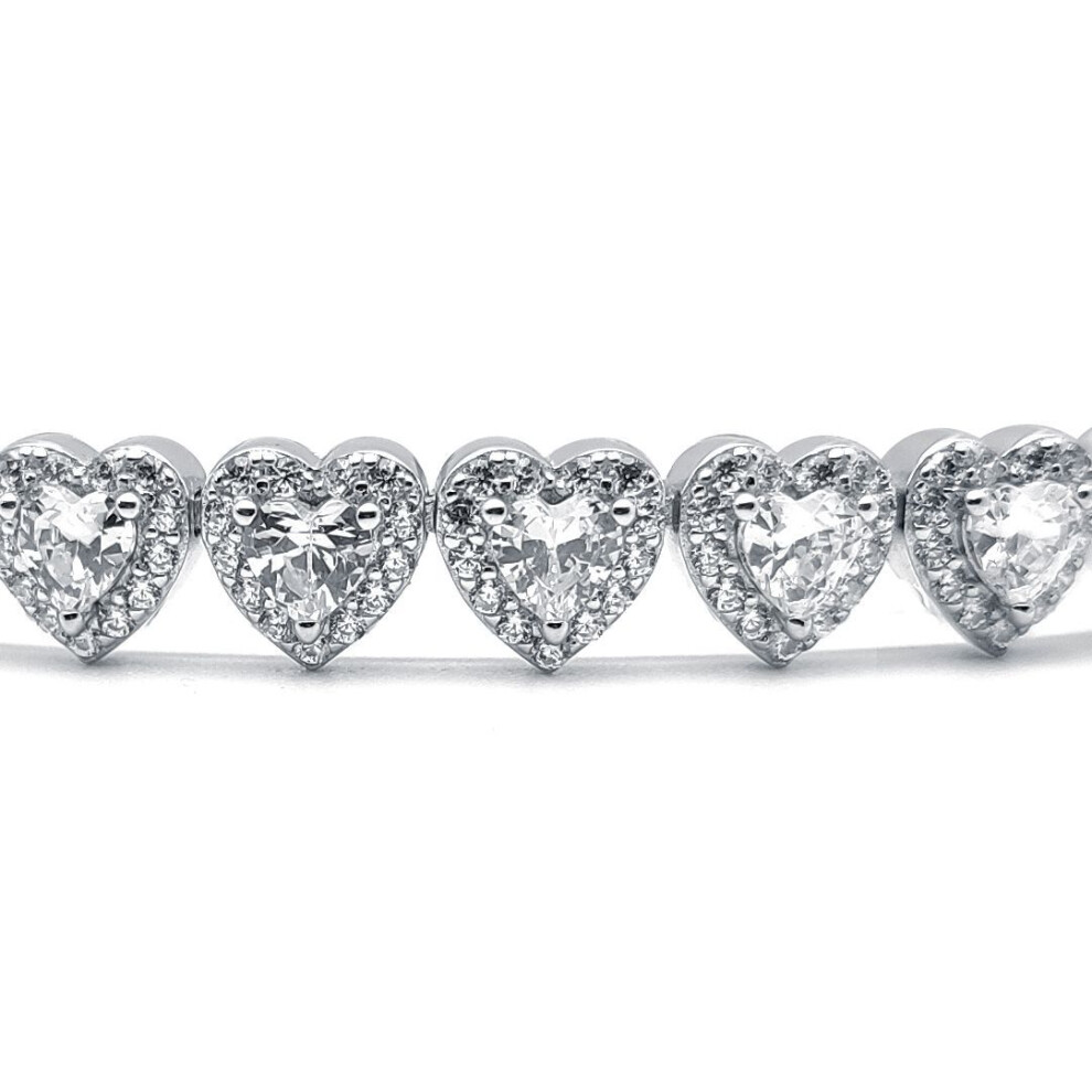Jewelco London Ladies Rhodium Plated Sterling Round & Heart Cz Sweetie Halo Love Hearts Line Bracelet, 7.5" - Abb192 Silver