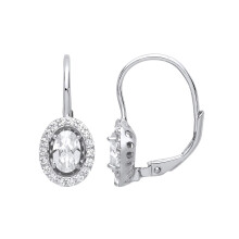 Jewelco London Ladies Rhodium Plated Sterling Silver Oval CZ Solitaire Halo Drop Earrings - GVE815WH