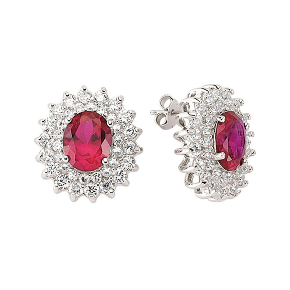 Jewelco London Ladies Sterling Ruby-Red Oval Cubic Zirconia Royal Cluster Stud Earrings - Gve058ru Silver