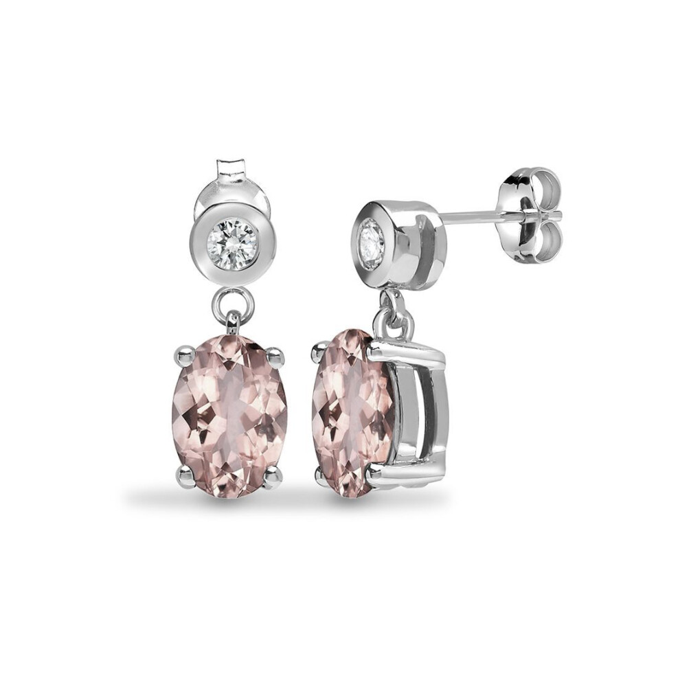 Jewelco London 9Ct White Gold Rub Over Set H I1 0.07Ct Diamond And Oval Peach 0.9Ct Morganite Solitaire Drop Earrings - 9E194 White,Gold