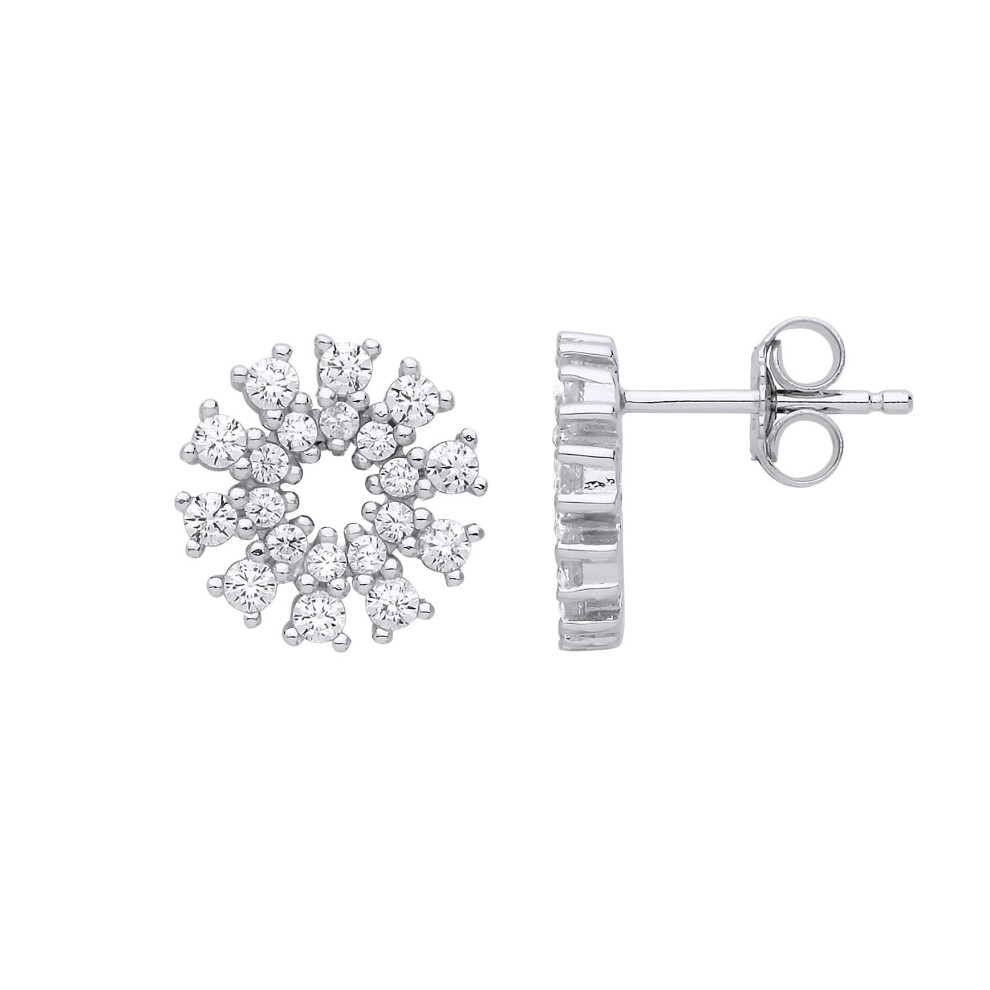 Jewelco London Ladies Sterling Silver Cubic Zirconia Snowflake Cluster Stud Drop Earrings - Gve819