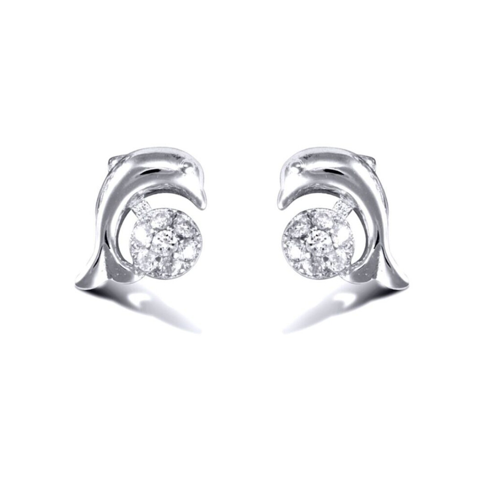 Jewelco London Rhodium Coated Sterling Cubic Zirconia Dolphin Stud Earrings - Ladies - Aes001 Silver