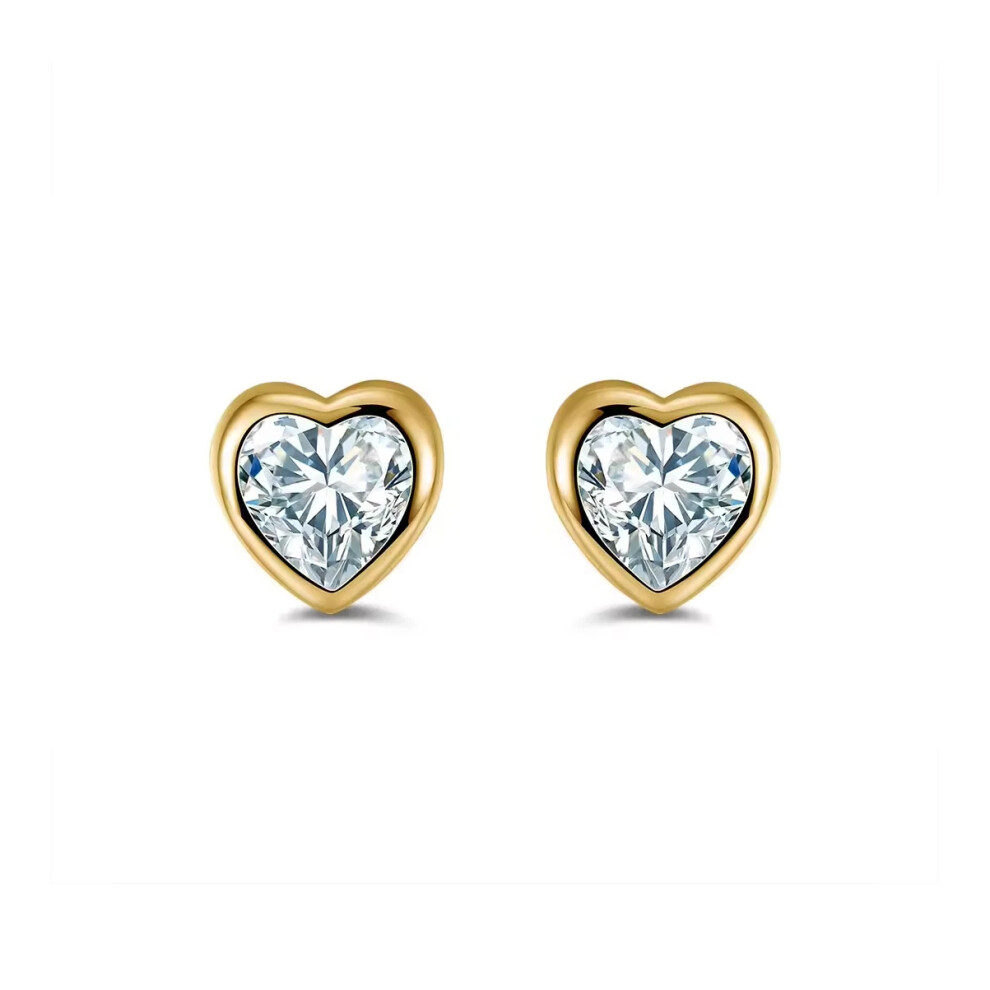 Jewelco London Ladies 9Ct Yellow Gold White Heart Cubic Zirconia Rub Over Solitaire Love Heart Stud Earrings - Jes107 White,Gold,Yellow