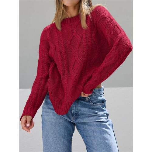 Women'S Oversized Cable Knit Crewneck Sweaters Red M 1