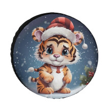 13" Cute Cartoon Tiger Santa Hat Camping Spare Tire Cover, Weatherproof Wheel Protector for Camper, Trailer, Truck, SUV – Compatible with 13" Wheels
