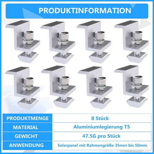 Pack of 8 Solar Module Brackets, Solar Panel Holder, End Clamp, Adjustable, Fixing Solar Module Holder (35 mm) 1