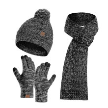 (Grey) 3Pcs Winter Warm Knit Beanie Hat Touchscreen Gloves Scarf Set for Women Men Skiing Skating Camping Driving Outdoor Sports Gifts