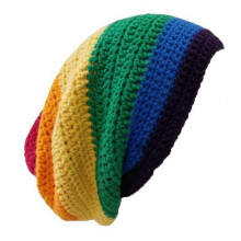 (Color B) Handmade Rainbow Striped Beanie Hat Vibrant and Unique Hat for Women for Indoor Outdoor Traveling Camping Hiking Supply  light green black