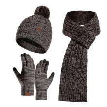 (Coffee) 3Pcs Winter Warm Knit Beanie Hat Touchscreen Gloves Scarf Set for Women Men Skiing Skating Camping Driving Outdoor Sports Gifts