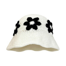 (Milky white) Knit Flower Bucket Hat for Woman Breathable Multi-color Weaving Wide Brim Bucket Hat Adult Teens Summer Fisherman Cap  Black