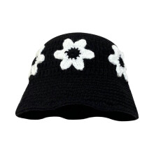 (Black) Knit Flower Bucket Hat for Woman Breathable Multi-color Weaving Wide Brim Bucket Hat Adult Teens Summer Fisherman Cap  Black