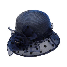 (navy blue) Yarn Dot Flower Decors Bucket Hat Summer Camping Anti-Uv Fisherman Hats for Elder Ladies Wide Brim Sunproof Hats  navy blue