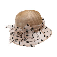 (Khaki) Yarn Dot Flower Decors Bucket Hat Summer Camping Anti-Uv Fisherman Hats for Elder Ladies Wide Brim Sunproof Hats  navy blue