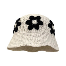 (Beige) Knit Flower Bucket Hat for Woman Breathable Multi-color Weaving Wide Brim Bucket Hat Adult Teens Summer Fisherman Cap  Black