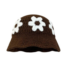 (Brown) Knit Flower Bucket Hat for Woman Breathable Multi-color Weaving Wide Brim Bucket Hat Adult Teens Summer Fisherman Cap  Black