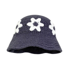 (Gray) Knit Flower Bucket Hat for Woman Breathable Multi-color Weaving Wide Brim Bucket Hat Adult Teens Summer Fisherman Cap  Black