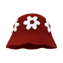 (Red) Knit Flower Bucket Hat for Woman Breathable Multi-color Weaving Wide Brim Bucket Hat Adult Teens Summer Fisherman Cap  Black