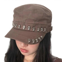 (brown) Men Women Skull Rivet Berets Artist Military Hat Casual Shopping Travel Photography Hat Adult Sailor Hat for Carnival  Black
