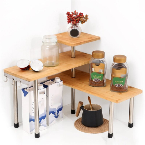 Bamboo Kitchen Countertop Organizer Corner Shelf Storage Display Bathroom Makeup Dresser Table with Hooks Space Saving 1