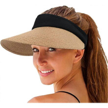 (Khaki) Women Straw Sun Visor Hat Wide Brim Summer Uv Protection Beach Cap Foldable Korean Style