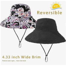 Womens Sun Hats Wide Brim Reversible Bucket Cotton Hat Packable Summer Travel Cap with Hat Clip, UV Protection Blue