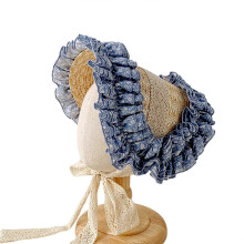 (Deep Blue) Daily Wear Straw Hat for Kids Girls Lace Flower Pattern French Hat Flat Top Hat Summer Sun Protection Caps Hat Yellow