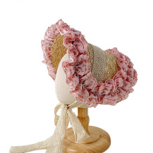 (Pink red small flora) Daily Wear Straw Hat for Kids Girls Lace Flower Pattern French Hat Flat Top Hat Summer Sun Protection Caps Hat Yellow