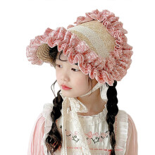 (Pink white small flo) Daily Wear Straw Hat for Kids Girls Lace Flower Pattern French Hat Flat Top Hat Summer Sun Protection Caps Hat Yellow
