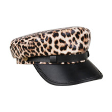(Khaki) Leopard Print PU Leather Flat Cap Breathable Design Sun Protection For Adults Riding Commuting Outdoor Fashion Seamless Hat  Khaki