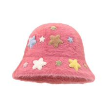 (Pink) Plush Beanie Hat for Women Y2K Warm Furry Star Bucket Hat Girls Sun Protective Cap Fashion Hat Teens Breathable Headwear White