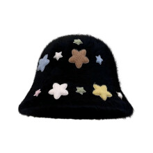 (Black) Plush Beanie Hat for Women Y2K Warm Furry Star Bucket Hat Girls Sun Protective Cap Fashion Hat Teens Breathable Headwear White