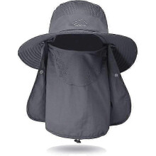 (Grey) Men's Outdoor Sun Hat, Fishing Cap with UV Protection and Wide Brim, Detachable Face Neck Flap