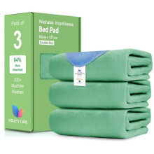 (86x137cm (Pack of 3)) Vitality Care Washable Incontinence Bed Pad 86x137cm, Waterproof Mattress Protector Reusable Bed Mat for Adults, Green
