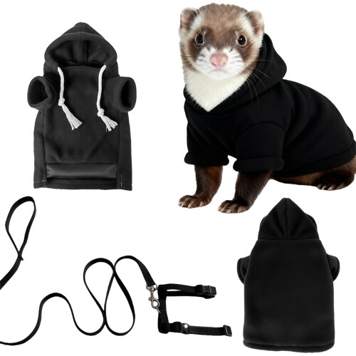 Small Pet Ferrets Sweatershirt Outfit And Walking Harness-Black
