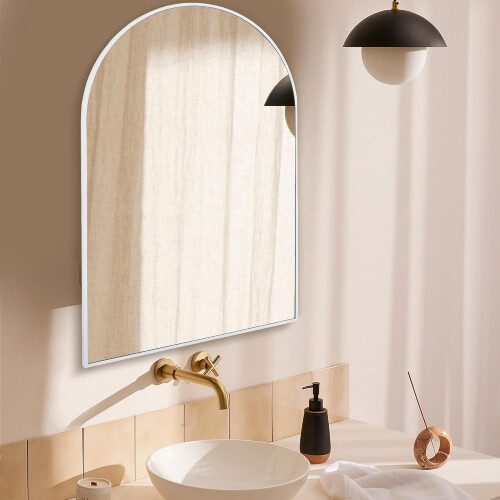 White Arched Bathroom Mirror with Wood Frame 20x30 Inch 1